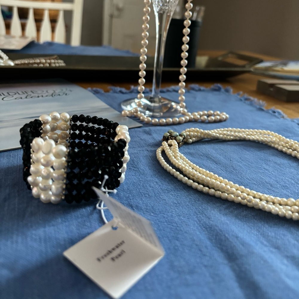 New! Multi Strand Freshwater Pearl Black Glass Beaded Stretch Wide Bracelet
